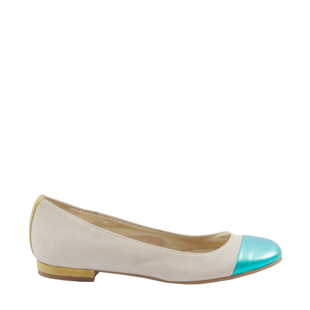 Adelaide-ballerina-vista-laterale-singola-camoscio-beige-cocco-giallo-laminato-turchese