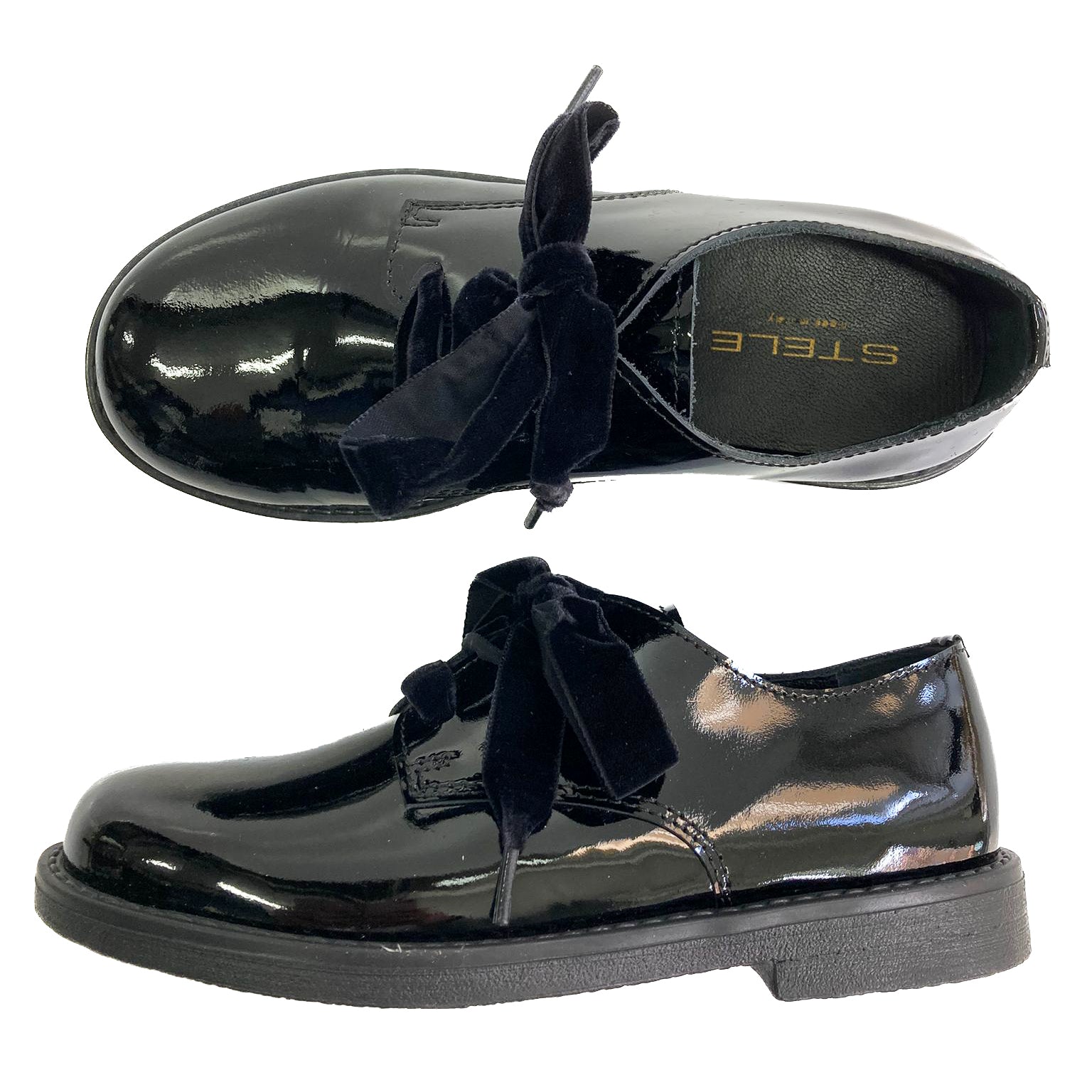 BIENVENIDA-francesina-vista-laterale-e-punta-lacci-velluto-vernice-nera