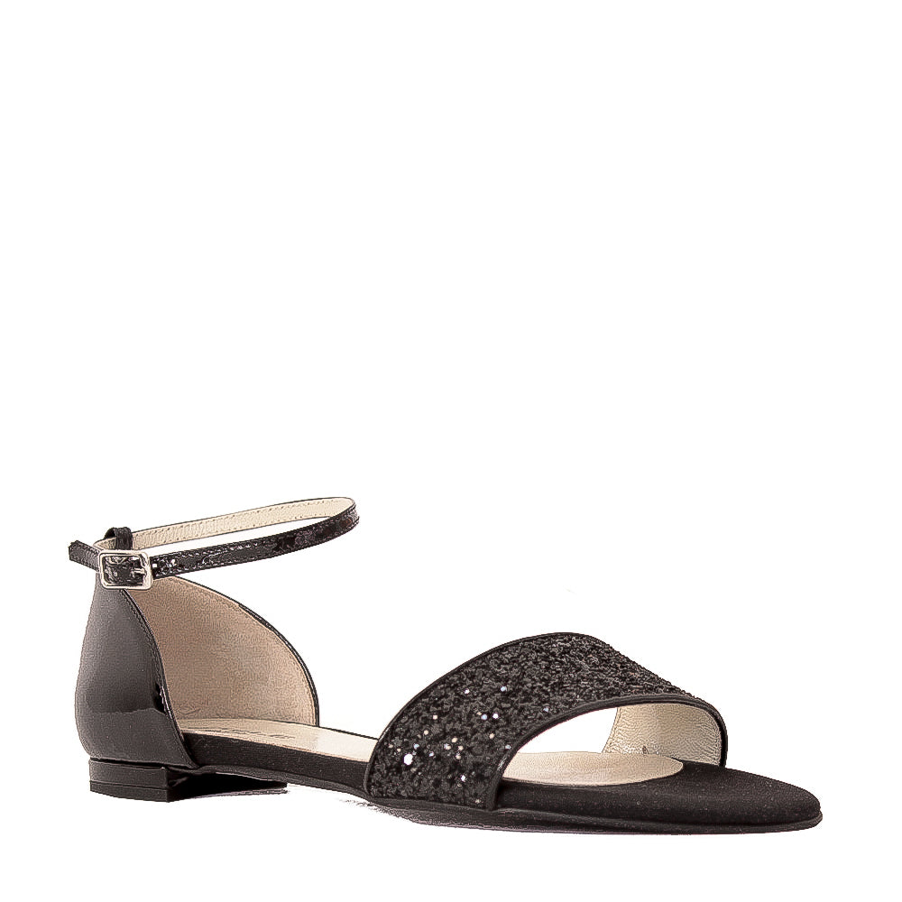 BERENICE-sandalo-basso-vista-punta-singolo-vernice-glitter-nero