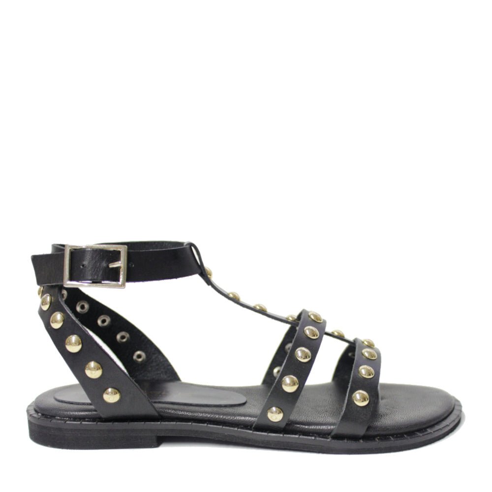 DIANE-sandalo-infradito-vista-laterale-singola-vitello-nero-borchie-oro