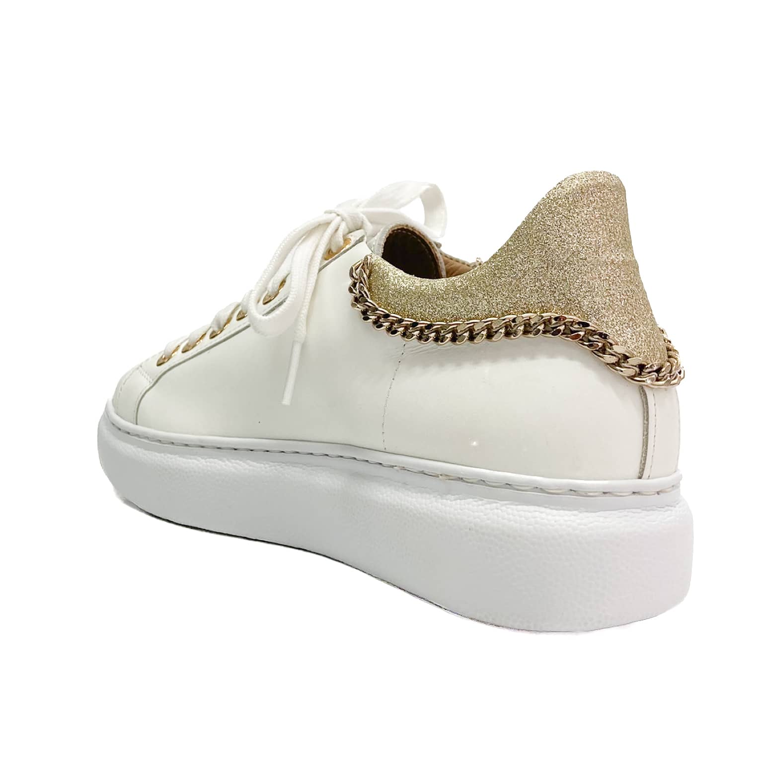 MIRANDA-sneakers-vista-tallone-singola-vitello-bianco-glitter-oro-catena-oro