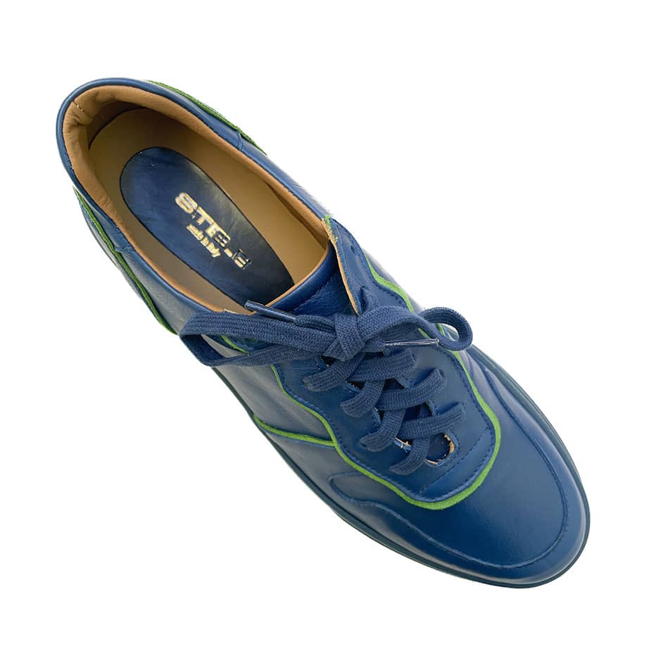 VALERIE-sneakers-vista-punta-sopra-singola-vitello-bluette-camoscio-verde