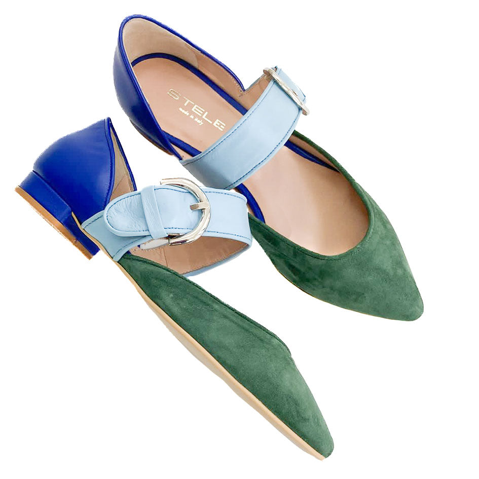 ALLISON-ballerina-vista-laterale-punta-sopra-nappa bluette-nappa-celeste-camoscio-verde