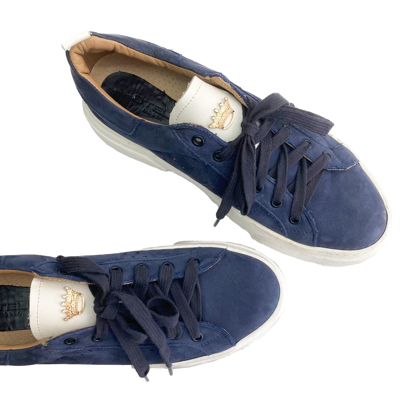 TIARA-sneakers-vista-punta-sopra-paio-camoscio-blu-vitello-bianco