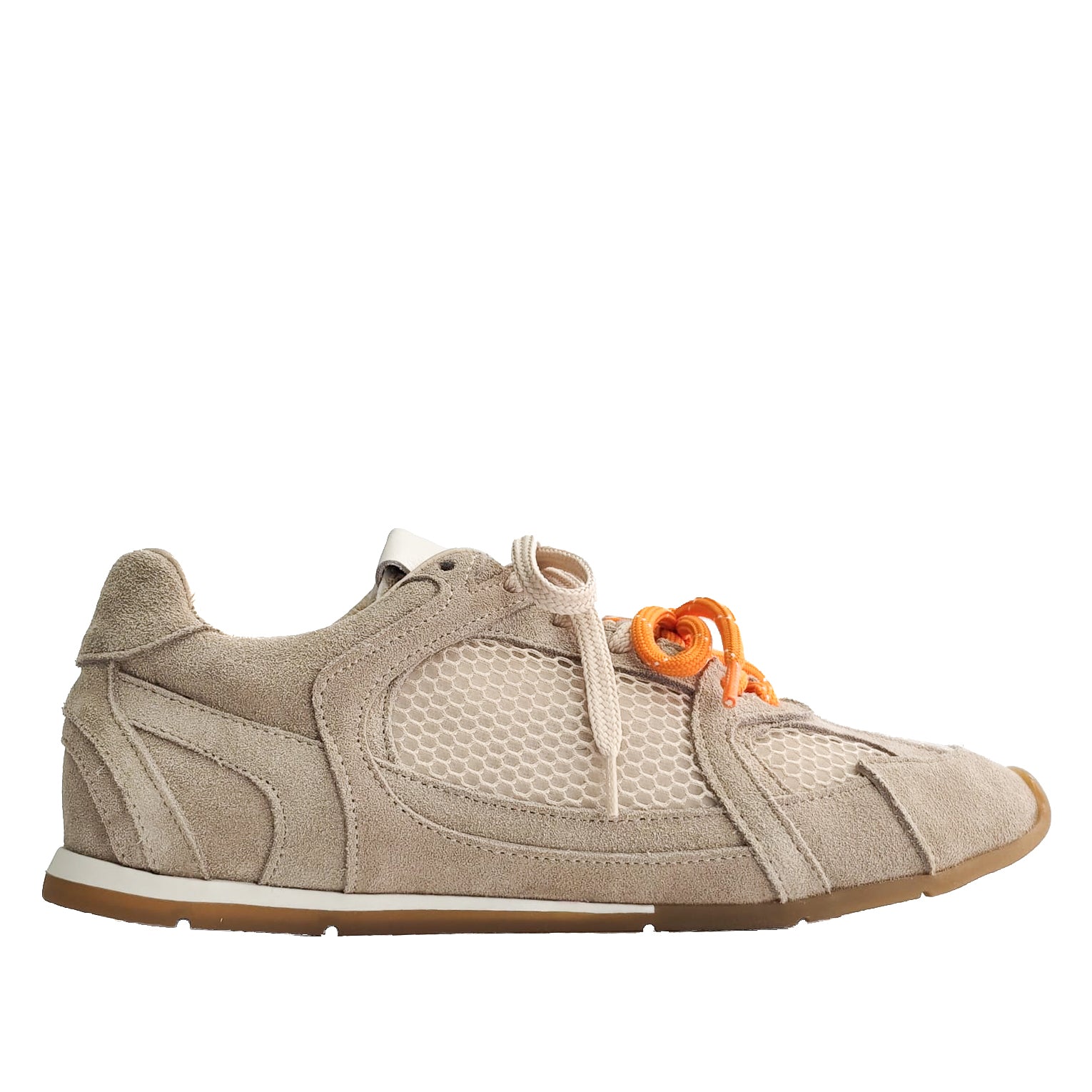 VEGA-sneakers-vista-laterale-singola-camoscio-rete-taupe-lacci-arancione