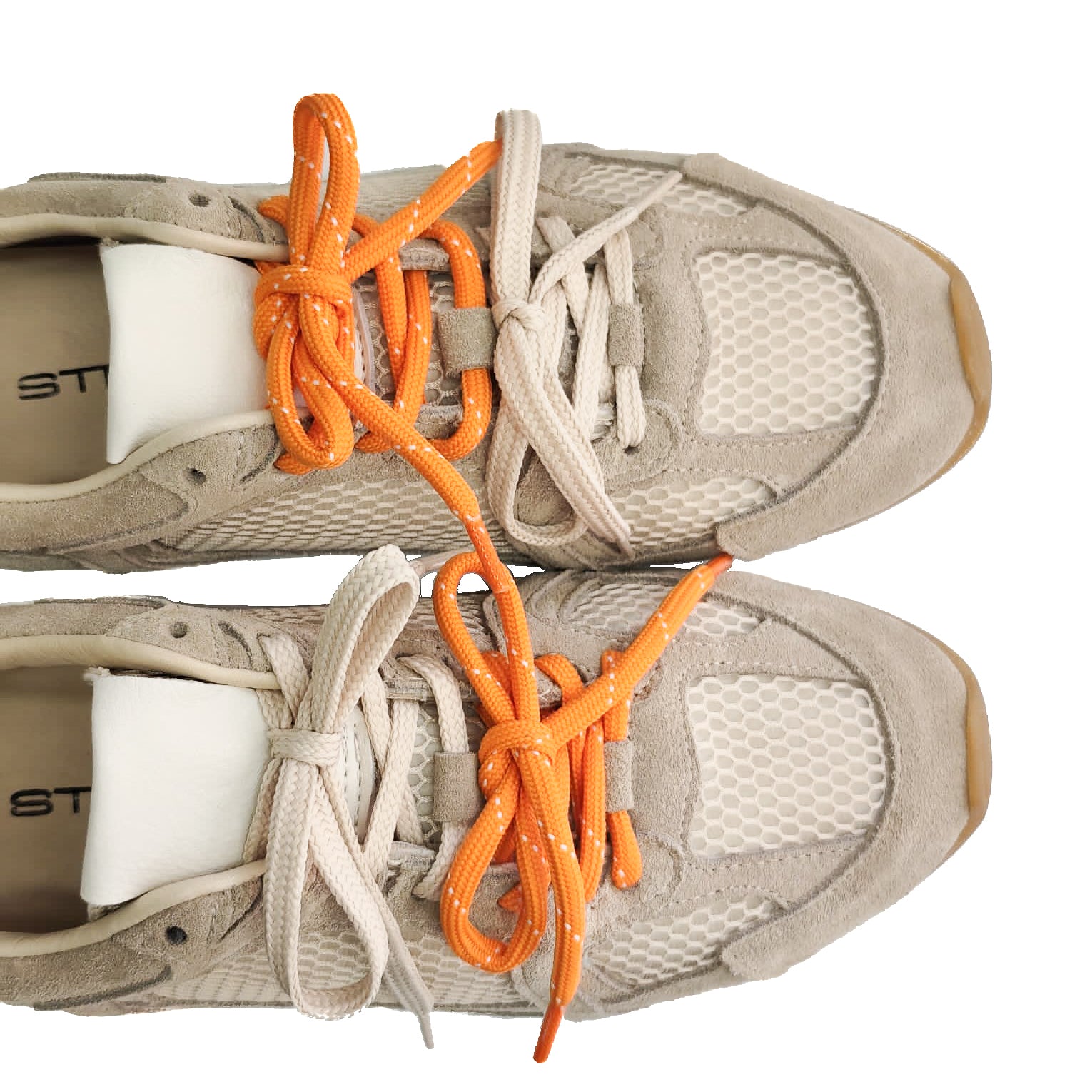 VEGA-sneakers-vista-punta-sopra-paio-camoscio-rete-taupe-lacci-arancione