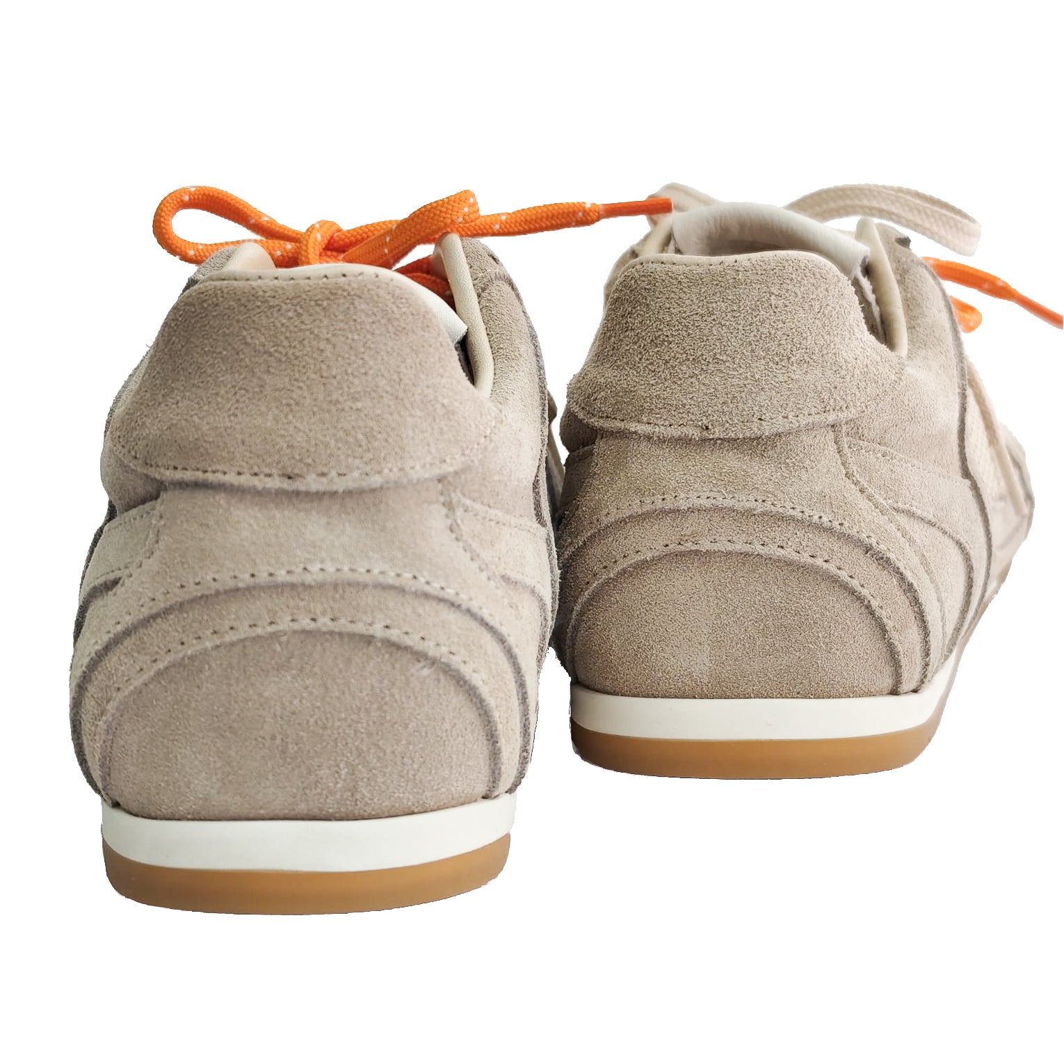VEGA-sneakers-vista-tallone-dietro-paio-camoscio-rete-taupe-lacci-arancione