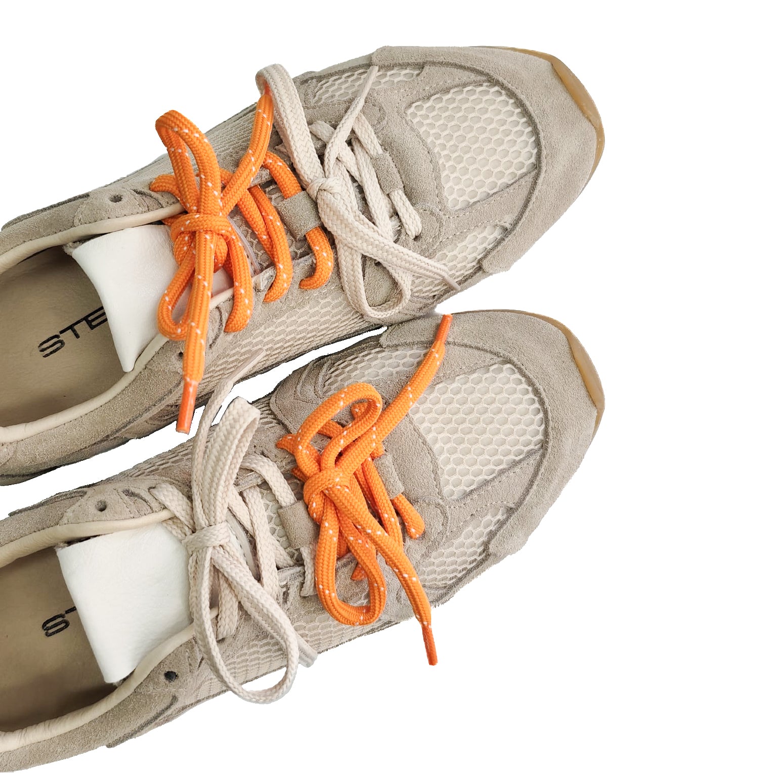 VEGA-sneakers-vista-sopra-paio-camoscio-rete-taupe-lacci-arancione