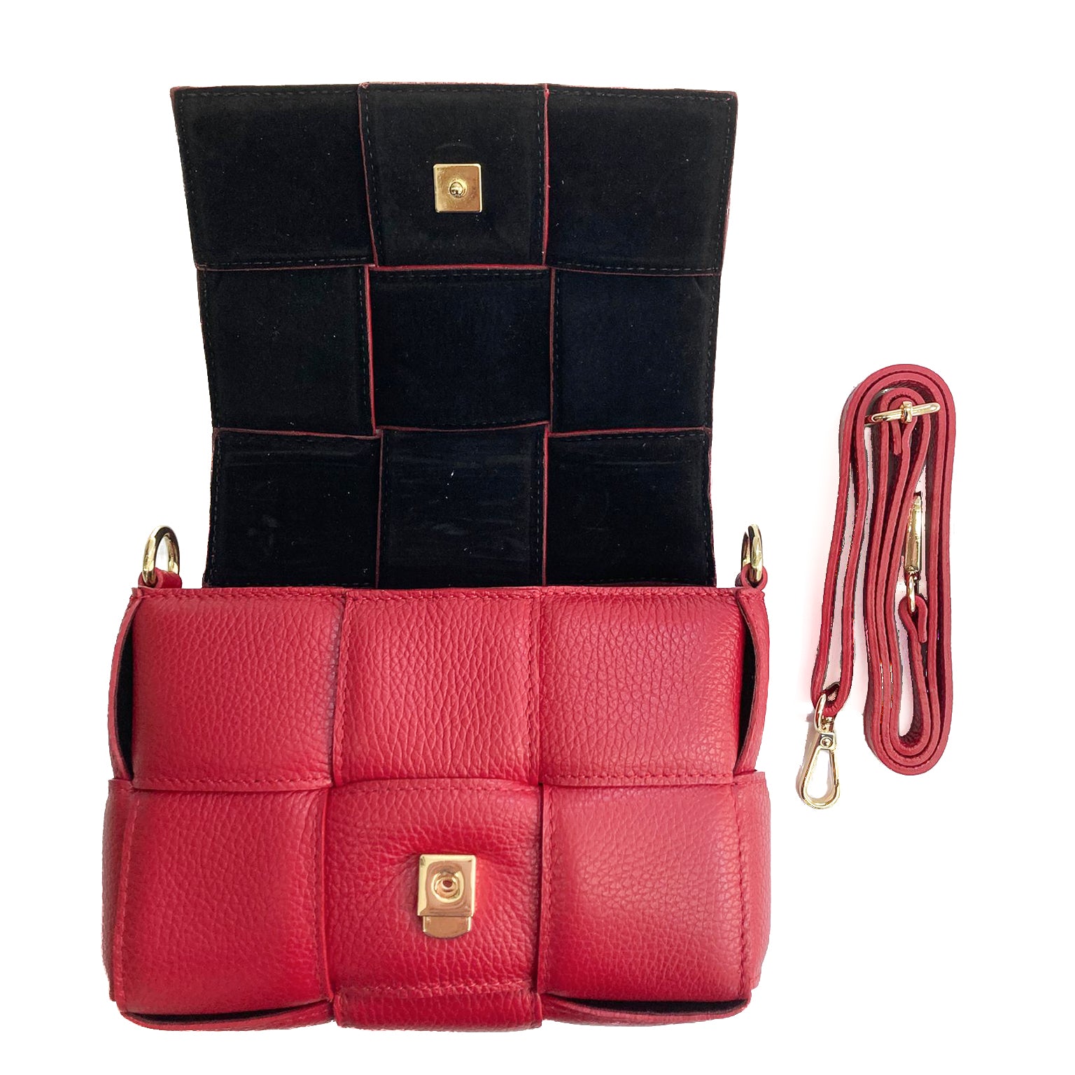 Astra-Bag-vitello-rosso-vista-aperta-con-tracolla-elegante-pratica