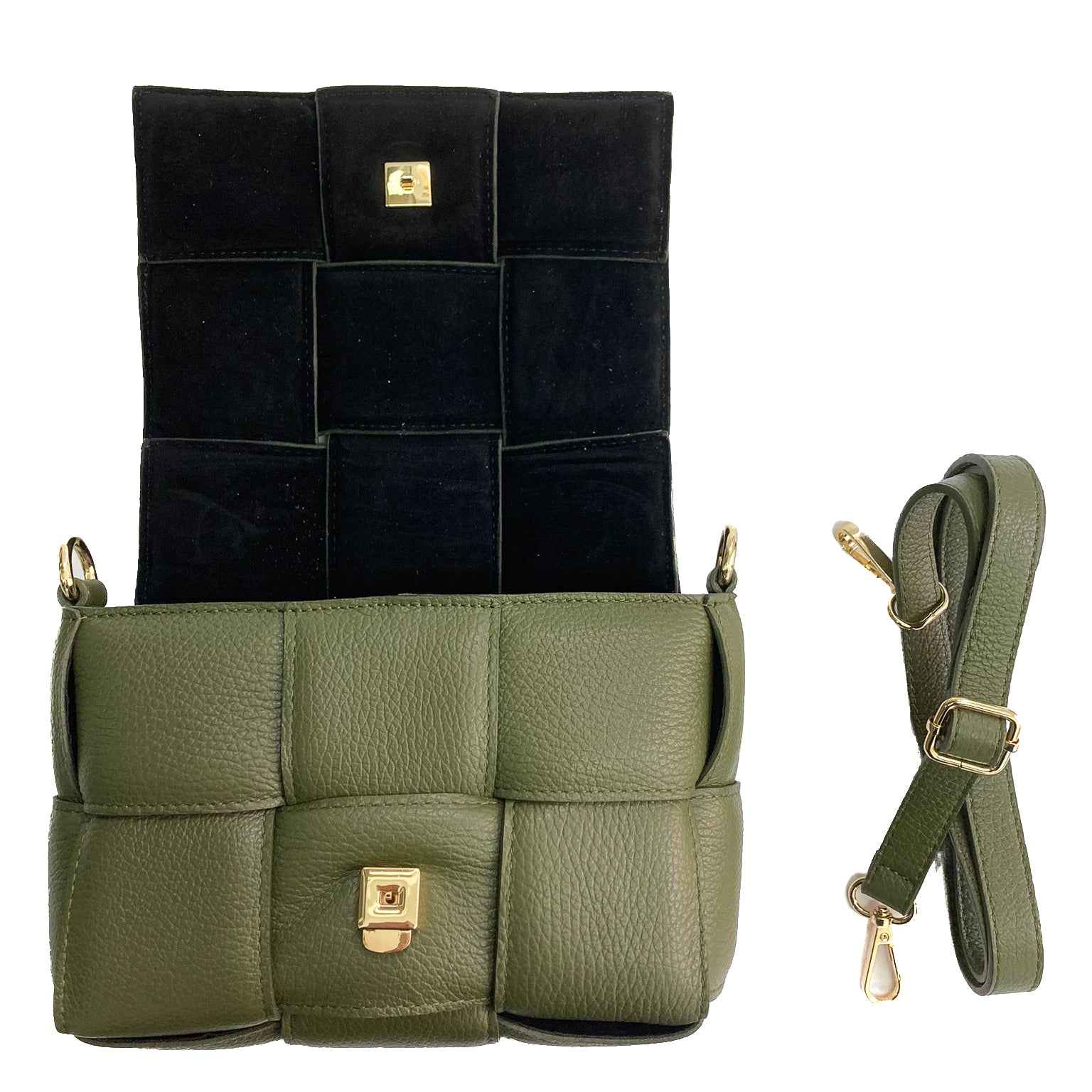 Astra-Bag-vitello-verde-militare-vista-aperta-con-tracolla-elegante-pratica