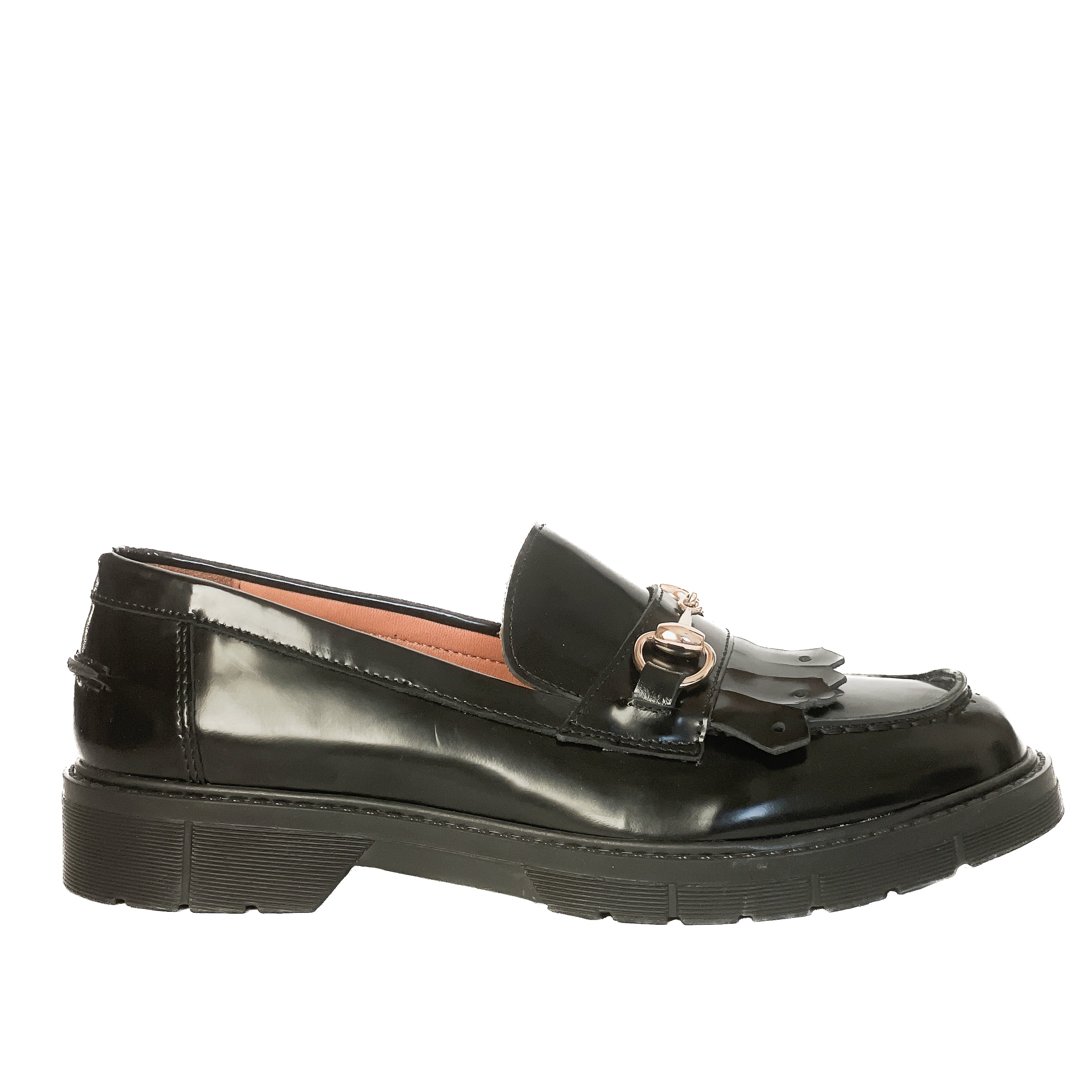 COLONIA-mocassini-vista-laterale-singola-abrasivato-nero-accessorio-oro