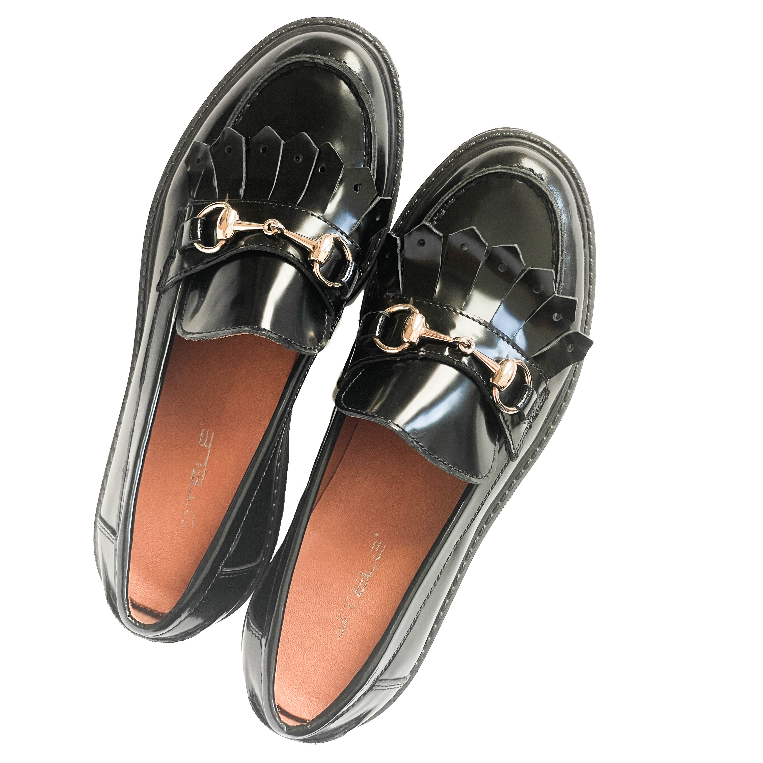 COLONIA-mocassini-vista-punta-paio-sopra-abrasivato-nero-accessorio-oro