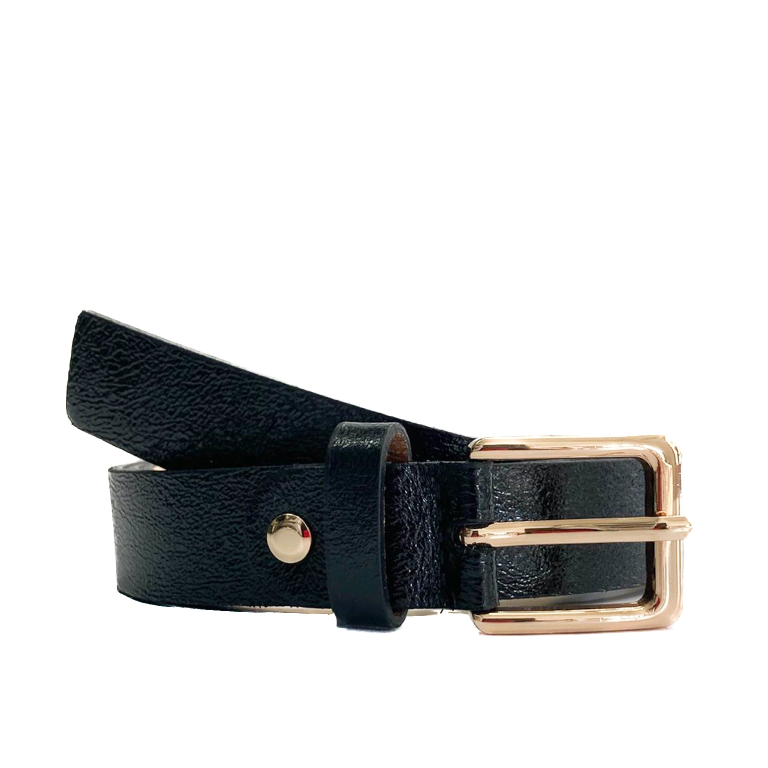 EMILIE-BELT-accessori-cinta-vista-frontale-vitello-laminato-nero