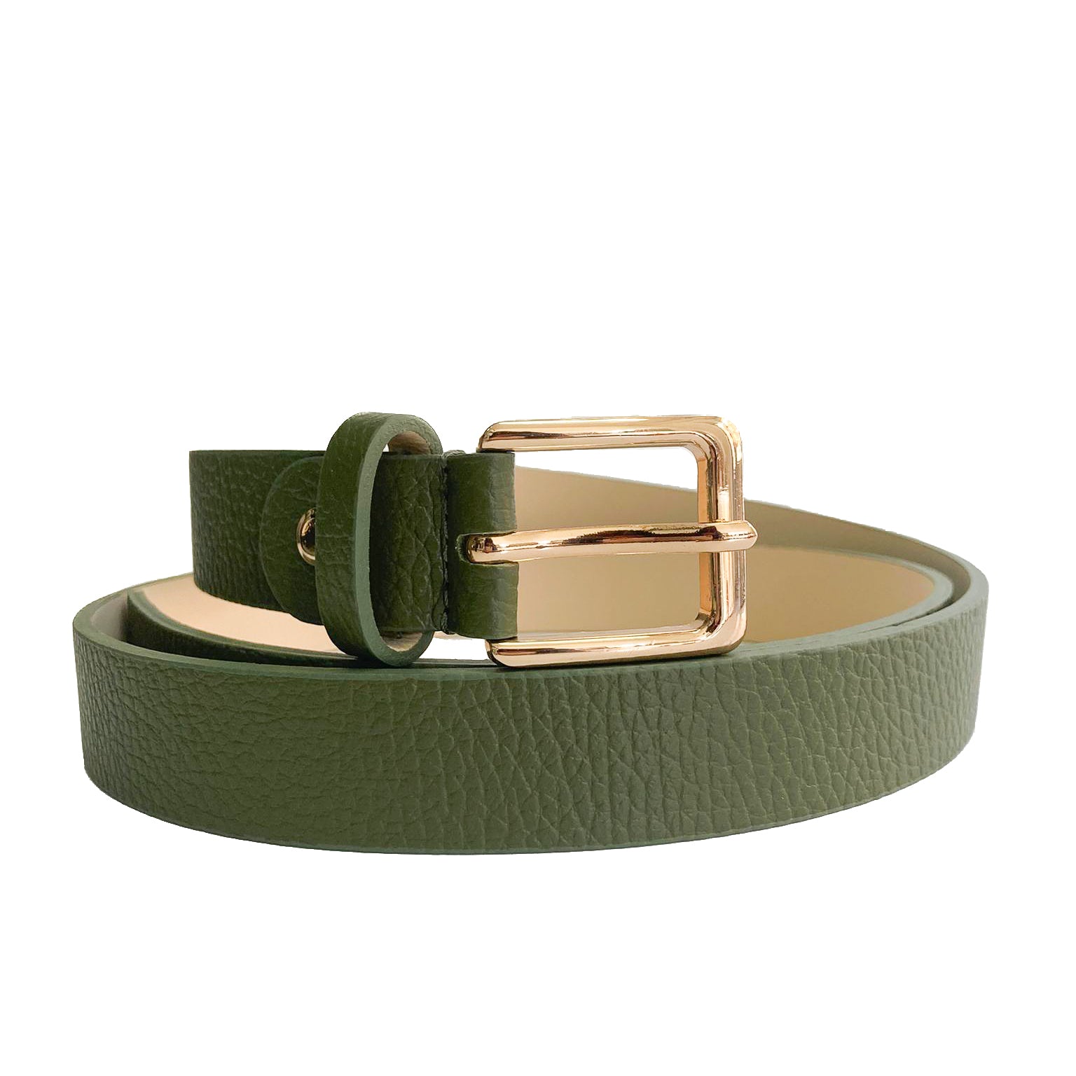 EMILIE-BELT-vista-frontale-cinta-donna-fibbia-oro-sopra-vitello-verde-militare