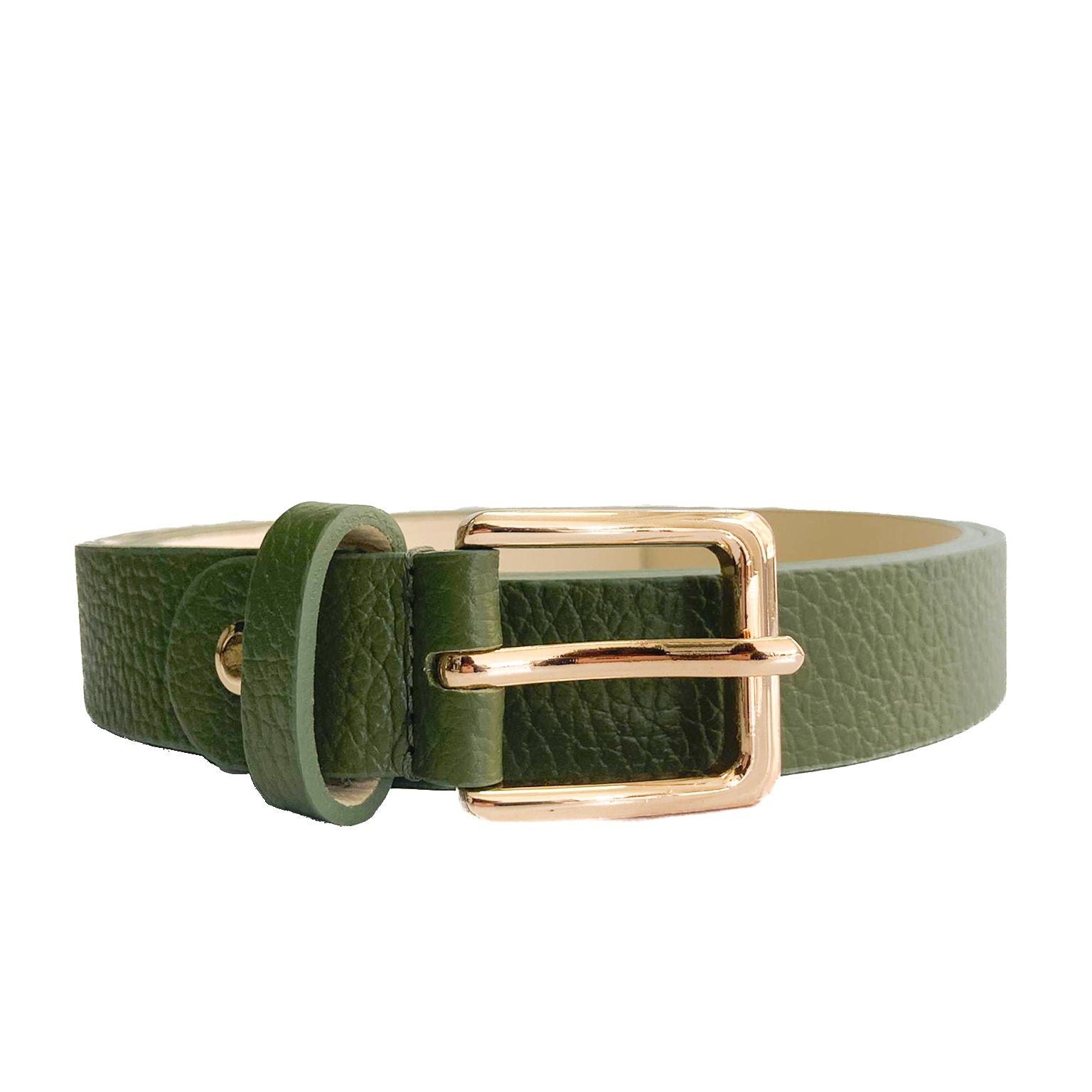EMILIE-BELT-vista-frontale-cinta-donna-fibbia-oro-vitello-verde-militare