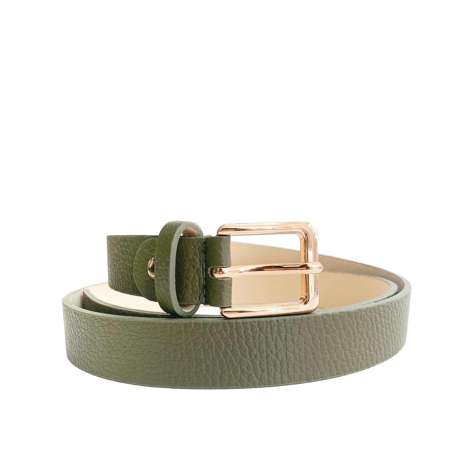 EMILIE-BELT-vista-frontale-cinta-donna-fibbia-oro-sopra-vitello-verde-militare