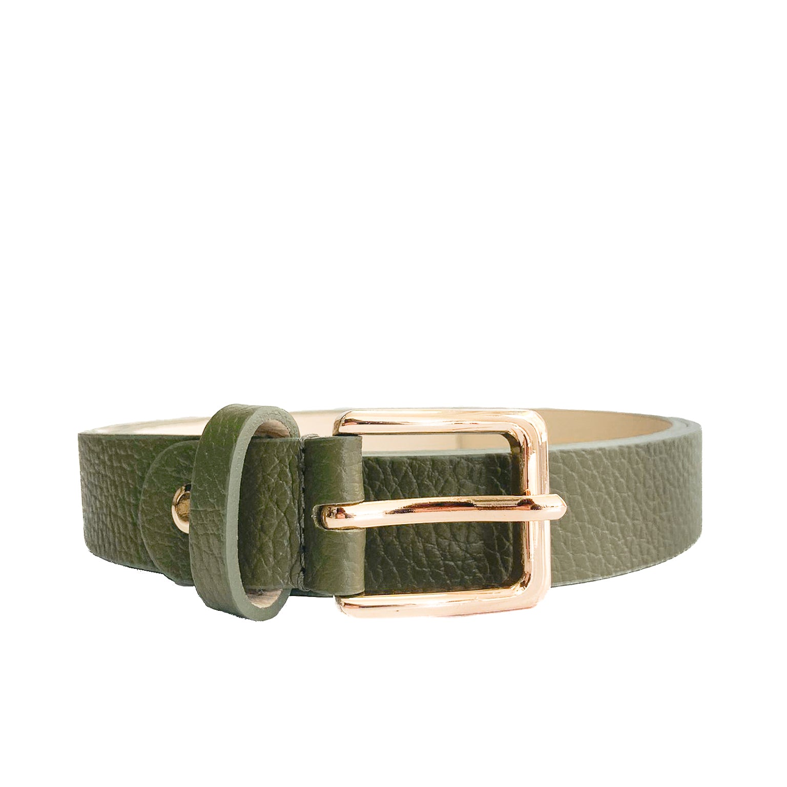 EMILIE-BELT-vista-frontale-cinta-donna-fibbia-oro-vitello-verde-militare