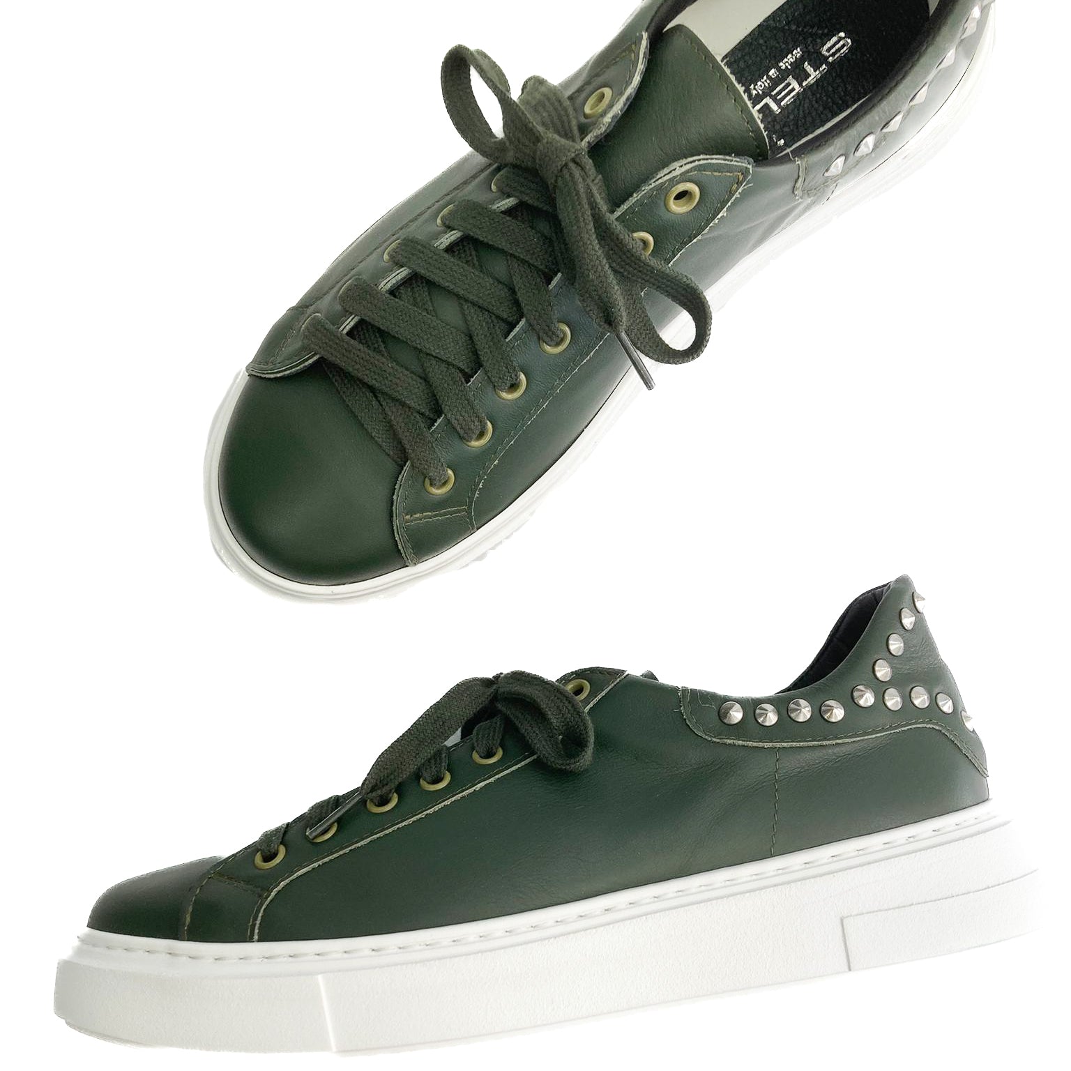 ISOTTA-sneakers-vista-laterale-punta-sopra-vitello-verdone-borchie-nikel