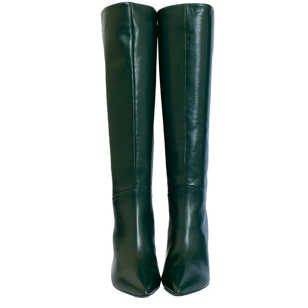 LAIA-stivale-vista-punta-frontale-paio-vitello-verde-bottiglia