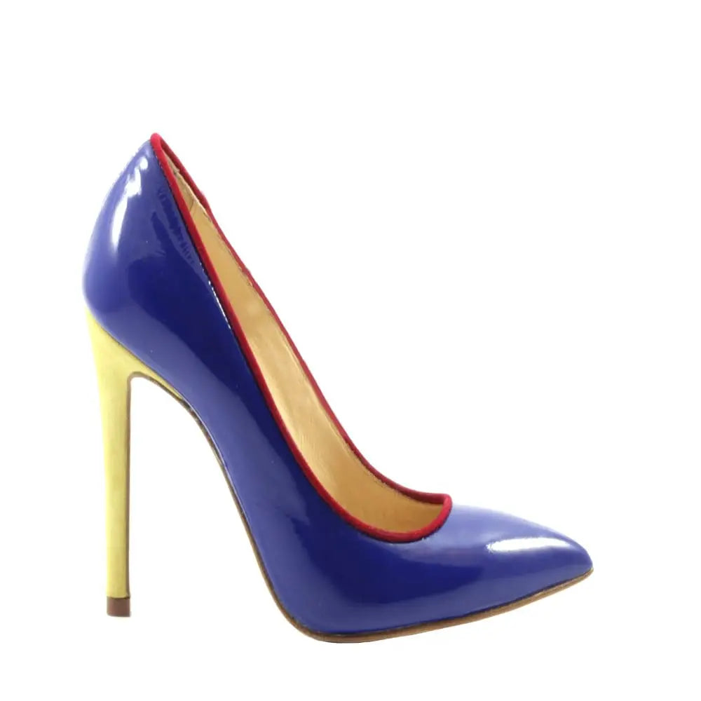 STEFY-decollete-vista-laterale-singola-vernice-bluette-rifiniture-rosse-e-lime