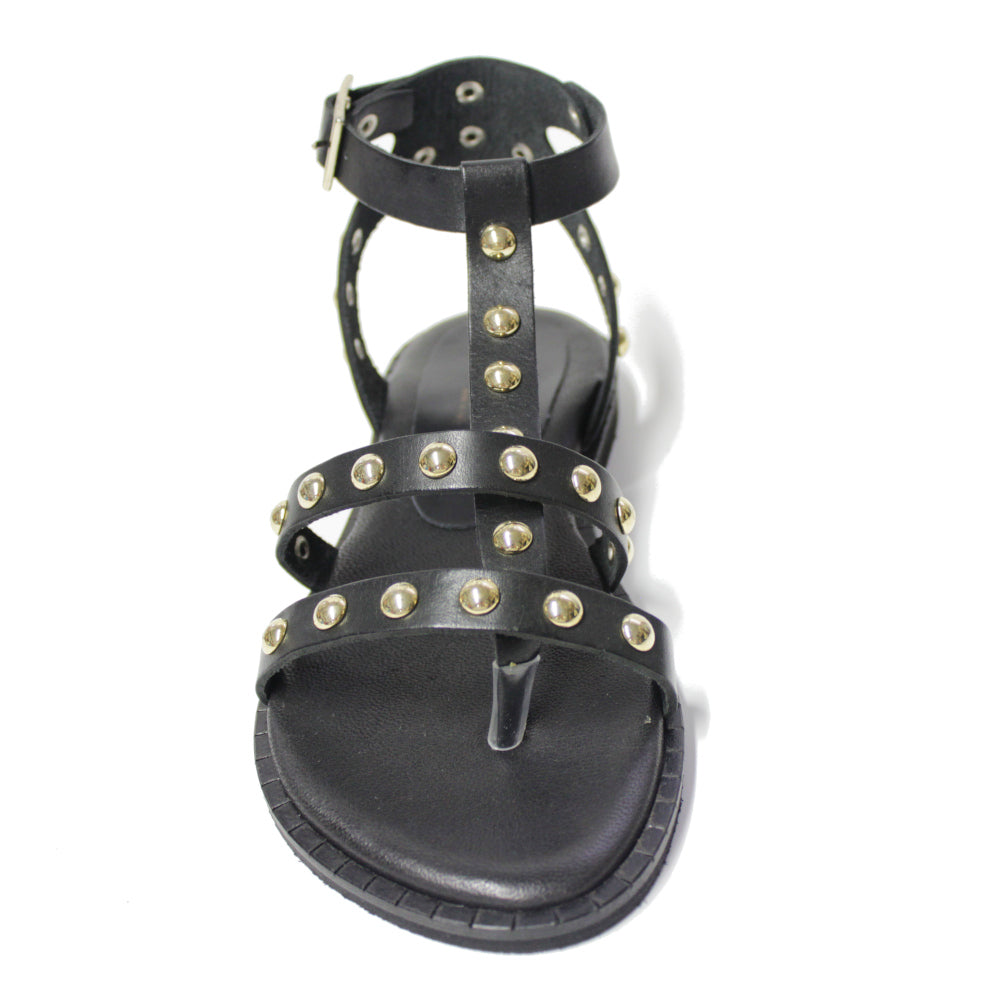 DIANE-sandalo-infradito-vista-punta-davanti-singola-vitello-nero-borchie-oro