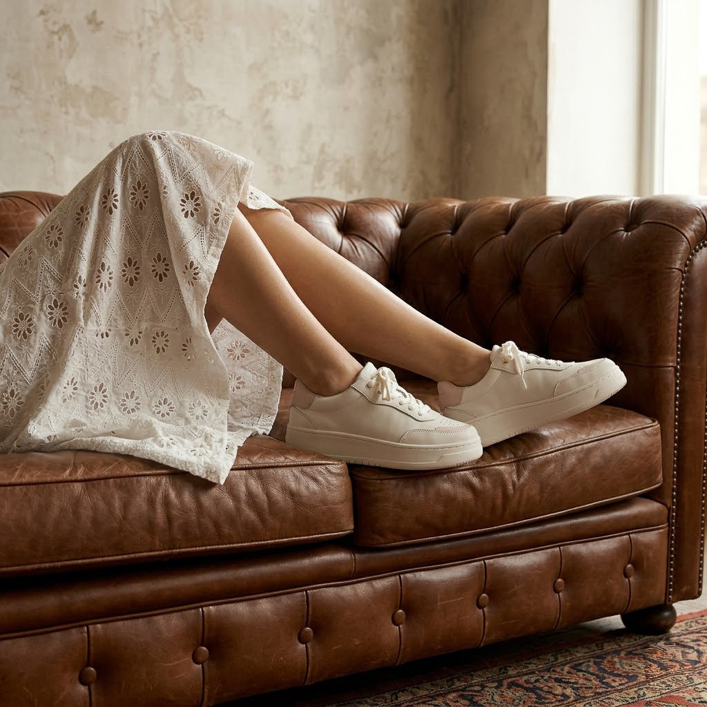 MARISOL-sneakers-vista-indossato-divano-paio-nappa-latte-nappa-cipria