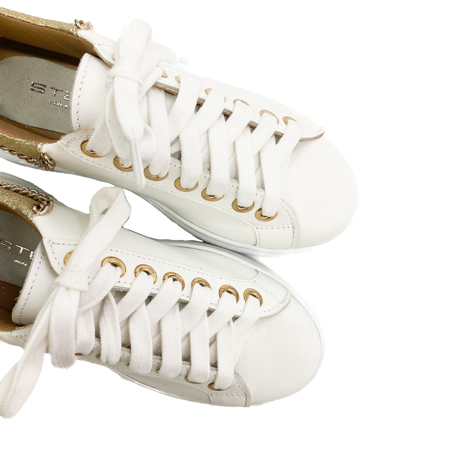 MIRANDA-sneakers-vista-sopra-lacci-vitello-bianco-glitter-oro-catena-oro