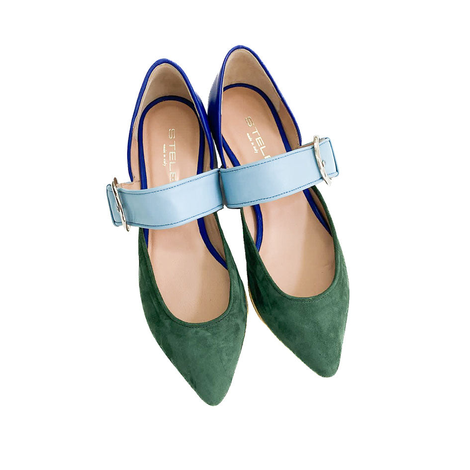 ALLISON-ballerina-vista-punta-sopra-nappa bluette-nappa-celeste-camoscio-verde