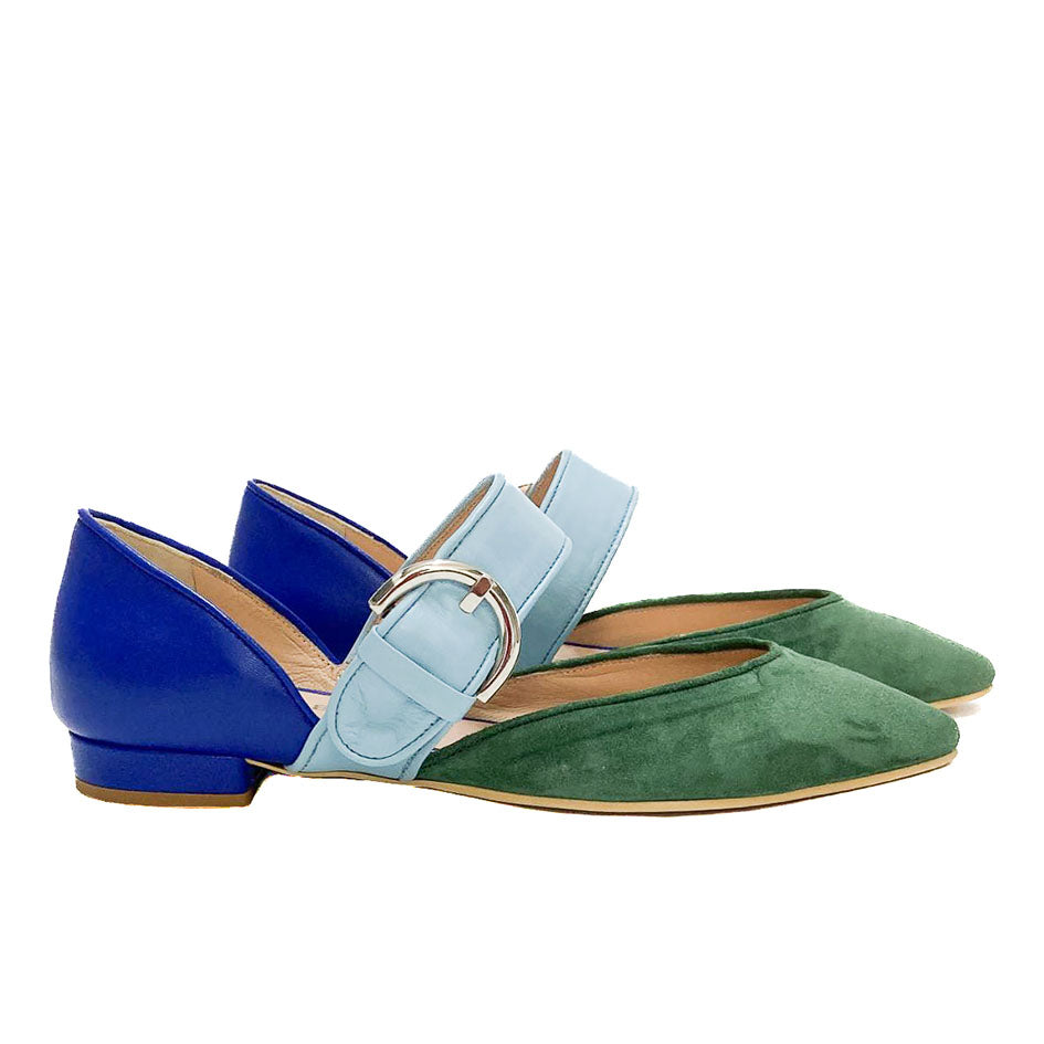 ALLISON-ballerina-vista-laterale-paio-nappa bluette-nappa-celeste-camoscio-verde