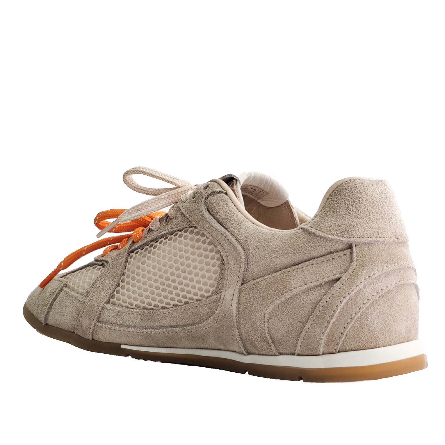 VEGA-sneakers-vista-tallone-singola-camoscio-rete-taupe-lacci-arancione