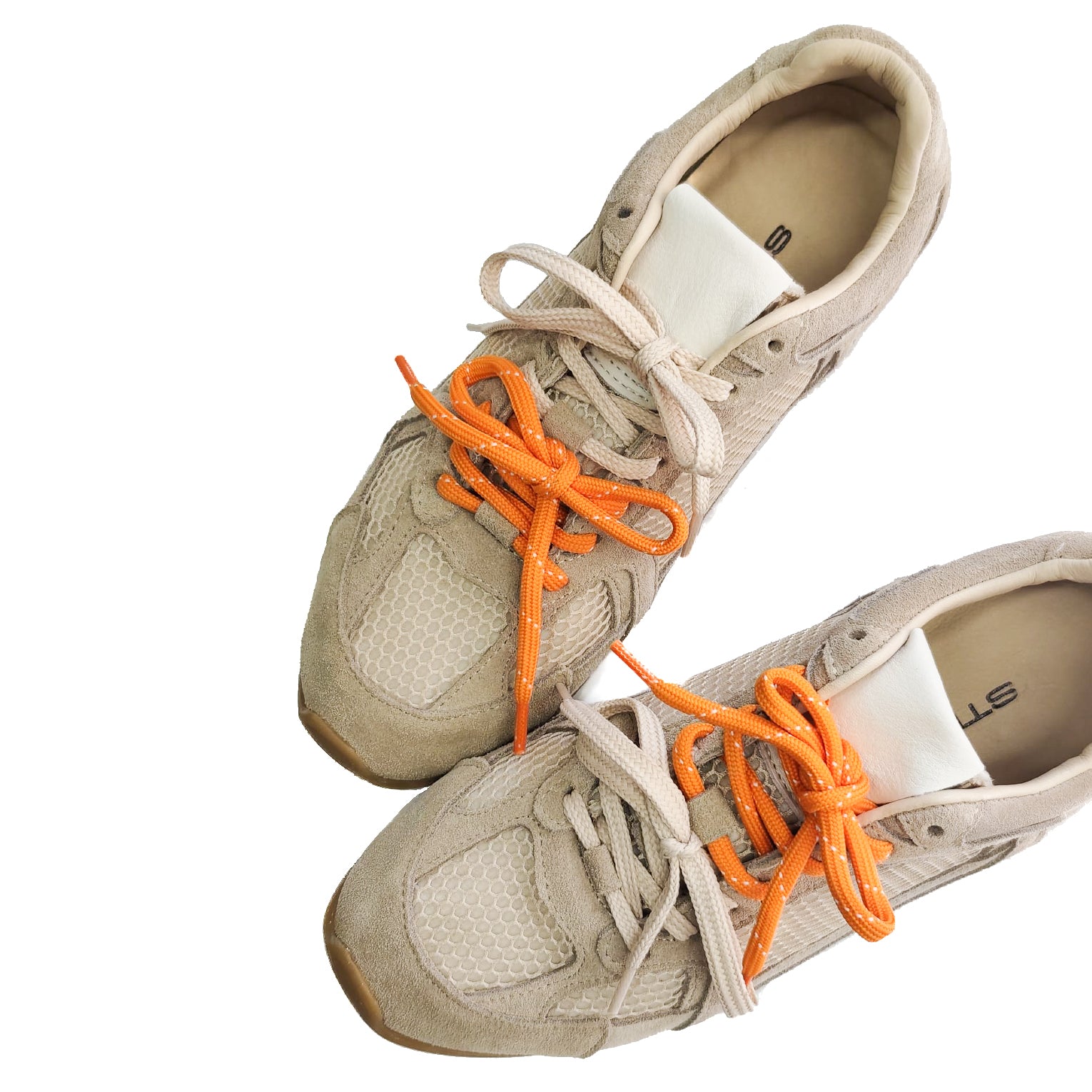 VEGA-sneakers-vista-sopra-completa-paio-camoscio-rete-taupe-lacci-arancione