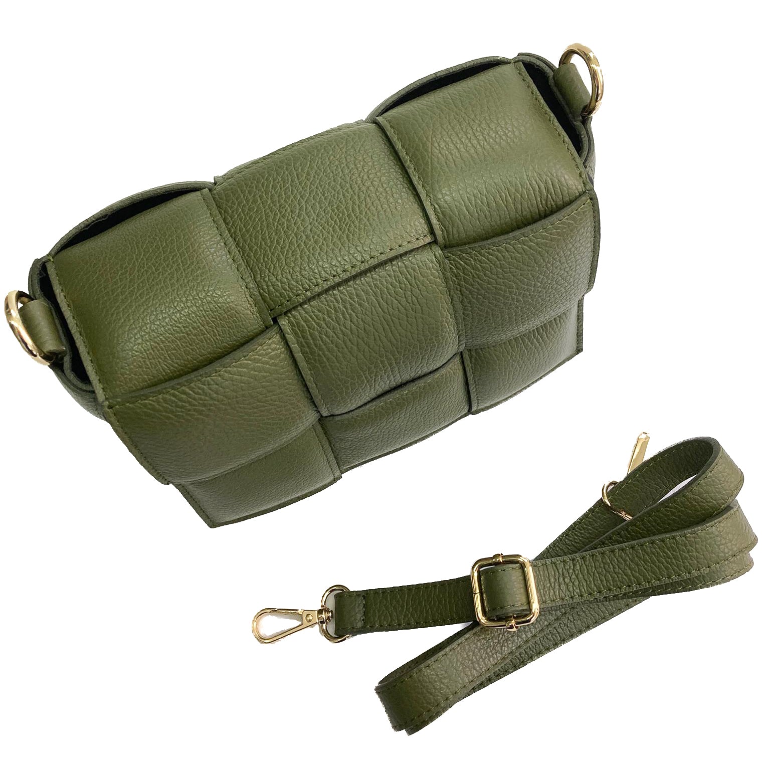 Astra-Bag-vitello-verde-militare-vista-sopra-con-tracolla-elegante-pratica