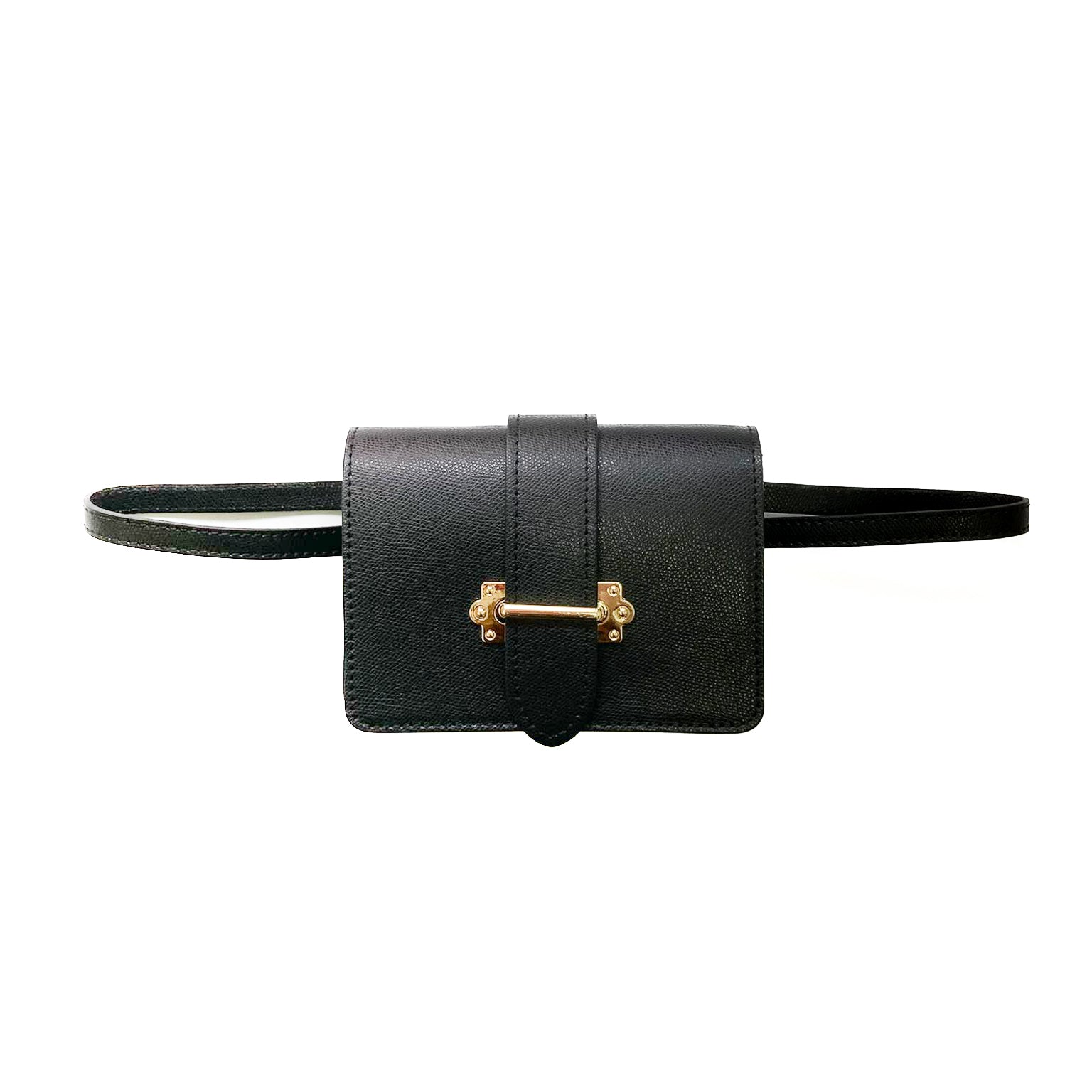 CREMONA-BAG-borsa-pochette-marsupio-vista-frontale-sopra-cinta-vitello-nero