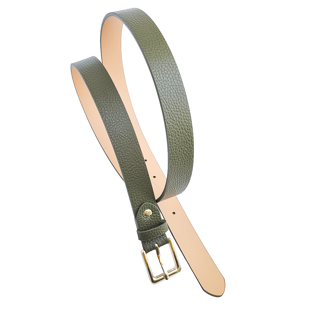 EMILIE-BELT-vista-spirale-sopra-cinta-donna-fibbia-oro-vitello-verde-militare