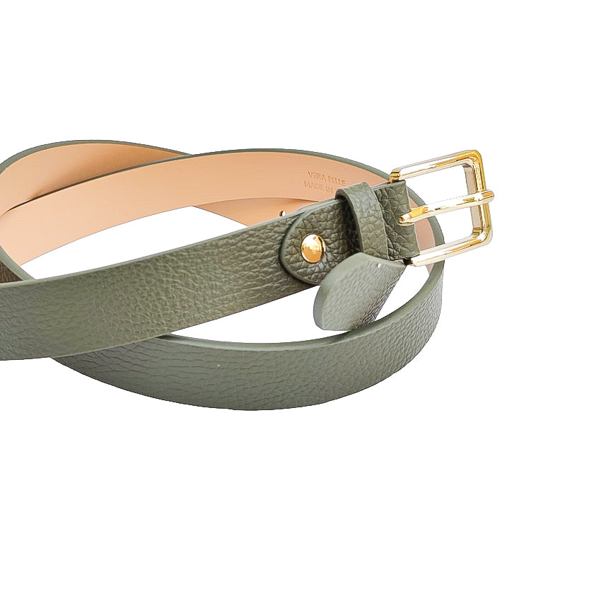 EMILIE-BELT-vista-frontale-arrotolata-cinta-donna-fibbia-oro--vitello-verde-militare