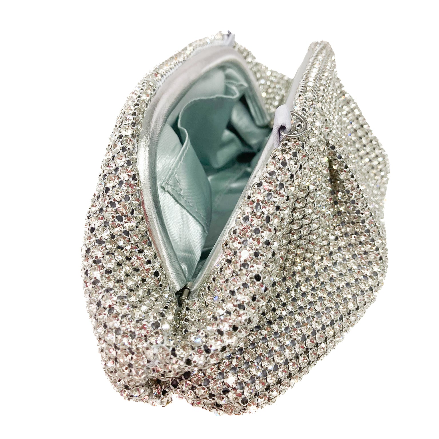 GORIZIA-bag-borse-pochette-vista-laterale-aperta-tessuto-argento-strass-grandi-cristallo