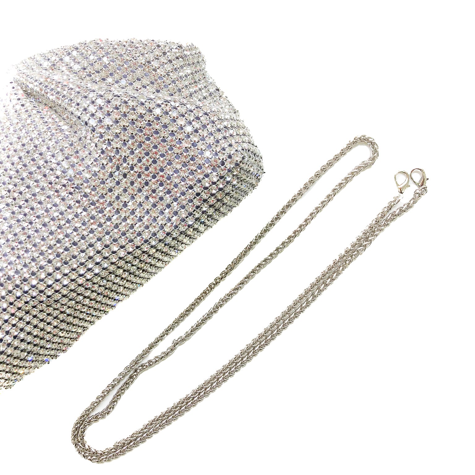 GORIZIA-bag-borse-pochette-vista-sopra-con-tracolla-tessuto-argento-strass-grandi-cristallo