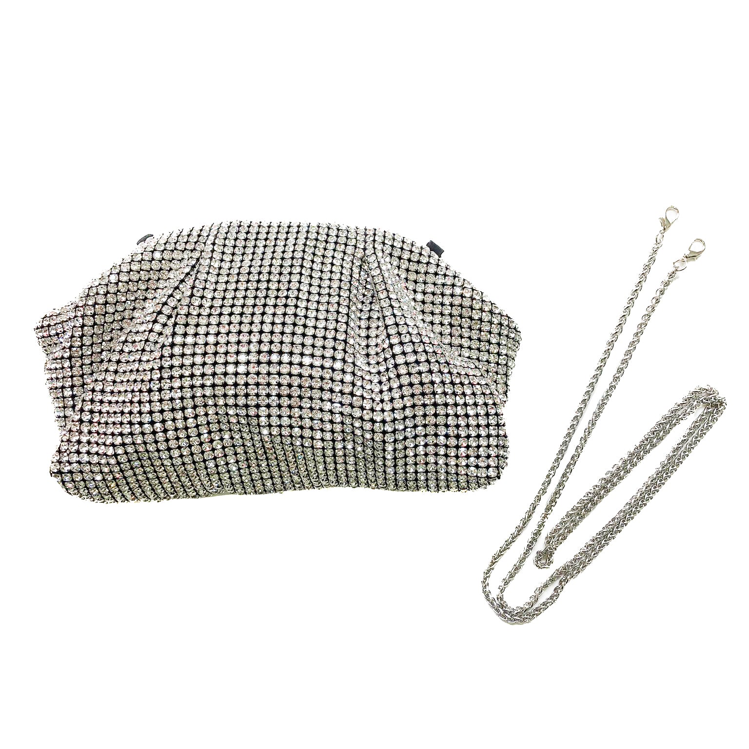 GORIZIA-bag-borse-pochette-vista-frontale-traccola-catena-tessuto-nero-strass-grandi-cristallo