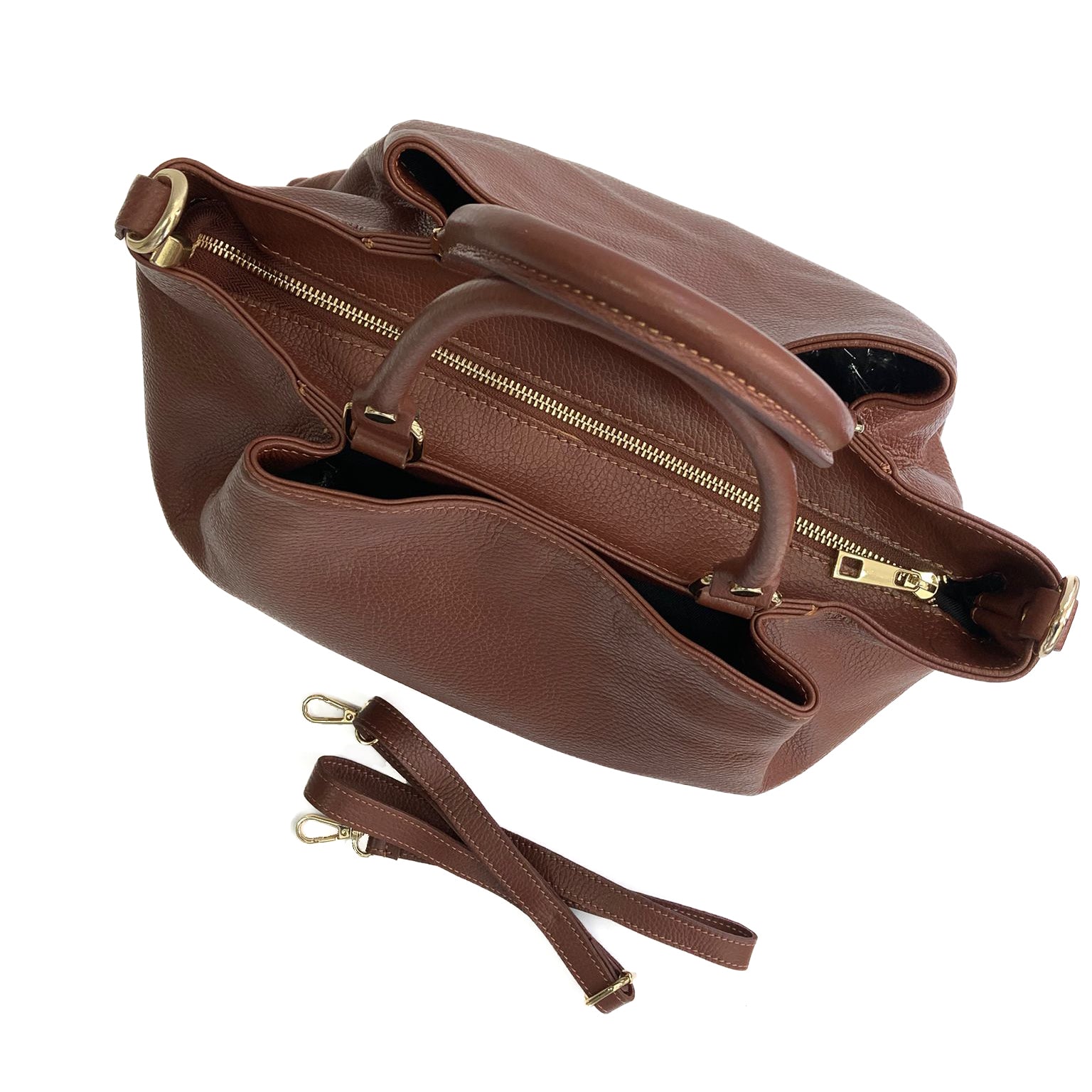 Maya-Bag-vitello-marrone-da-sopra-con-tracolla-pelle-con-due-tasconi-e-zip