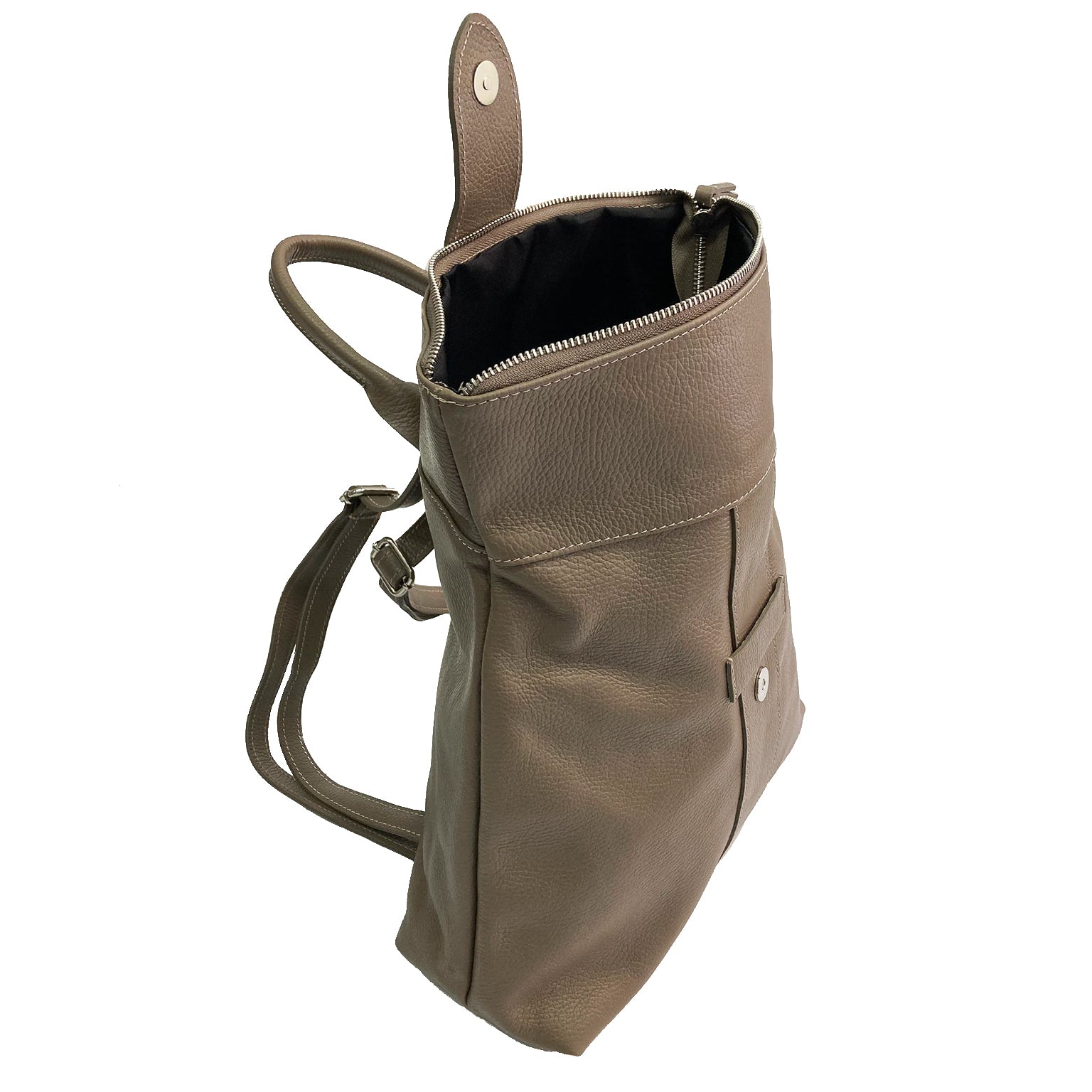 STOCCARDA-BAG- borsa-zaino-vista-laterale-aperto-vitello-taupe